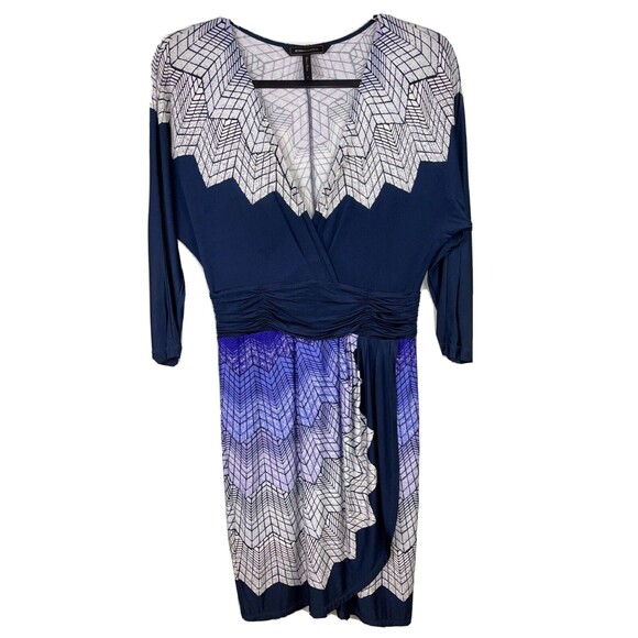 BCBGMaxAzria Dark Ink Blue Faux Wrap Dress Geometric Print Purple White Womens S - Picture 1 of 10